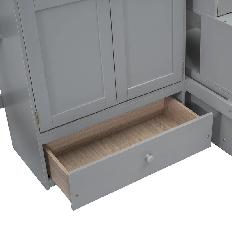 Full size Loft Bed with Bookshelf,Drawers,Desk,and Wardrobe