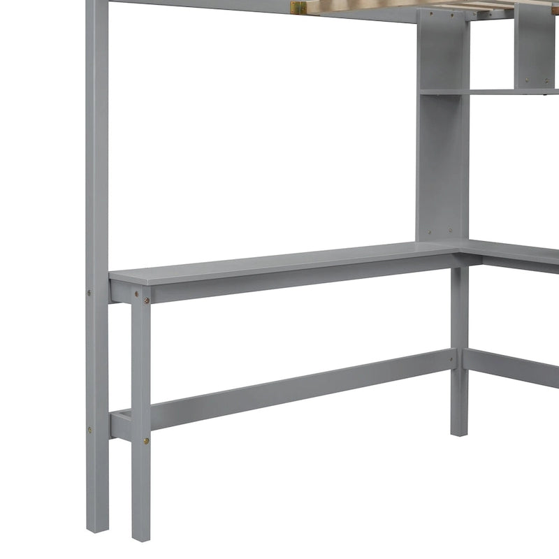 Full size Loft Bed with Bookshelf,Drawers,Desk,and Wardrobe