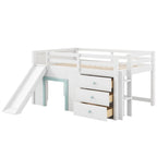 Full Size Low Loft Bed with Slide and 3 Storage Drawers, Solid Wood Loft Bedframe with 2 Doors, Ladder and Guardrails