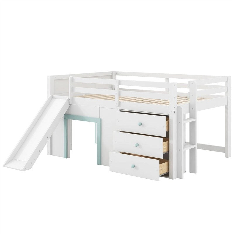 Full Size Low Loft Bed with Slide and 3 Storage Drawers, Solid Wood Loft Bedframe with 2 Doors, Ladder and Guardrails