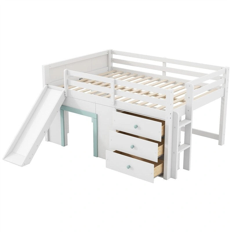 Full Size Low Loft Bed with Slide and 3 Storage Drawers, Solid Wood Loft Bedframe with 2 Doors, Ladder and Guardrails