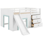 Full Size Low Loft Bed with Slide and 3 Storage Drawers, Solid Wood Loft Bedframe with 2 Doors, Ladder and Guardrails
