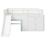 Full Size Low Loft Bed with Slide and 3 Storage Drawers, Solid Wood Loft Bedframe with 2 Doors, Ladder and Guardrails