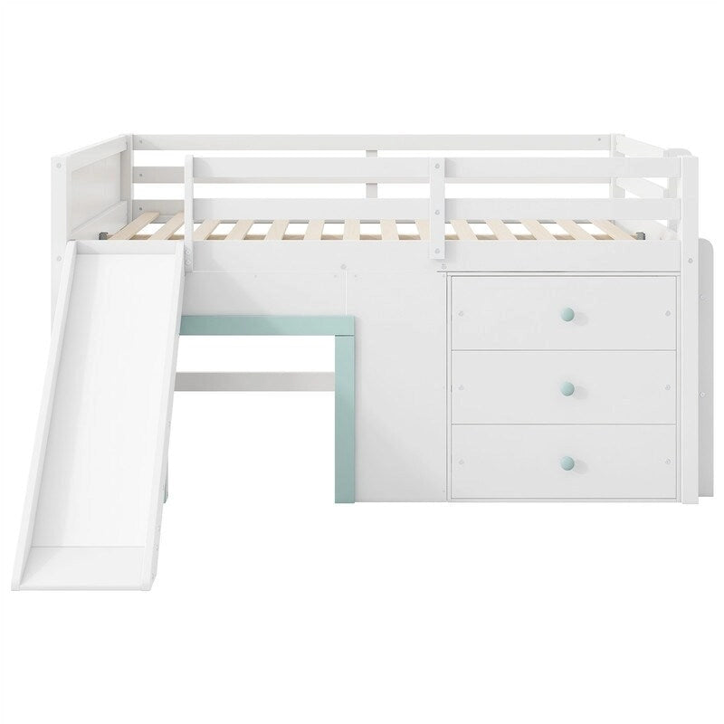 Full Size Low Loft Bed with Slide and 3 Storage Drawers, Solid Wood Loft Bedframe with 2 Doors, Ladder and Guardrails
