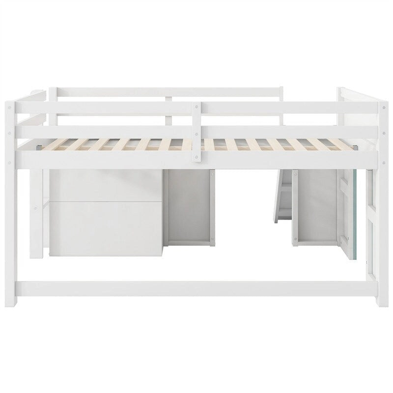 Full Size Low Loft Bed with Slide and 3 Storage Drawers, Solid Wood Loft Bedframe with 2 Doors, Ladder and Guardrails