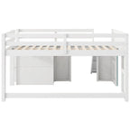 Full Size Low Loft Bed with Slide and 3 Storage Drawers, Solid Wood Loft Bedframe with 2 Doors, Ladder and Guardrails