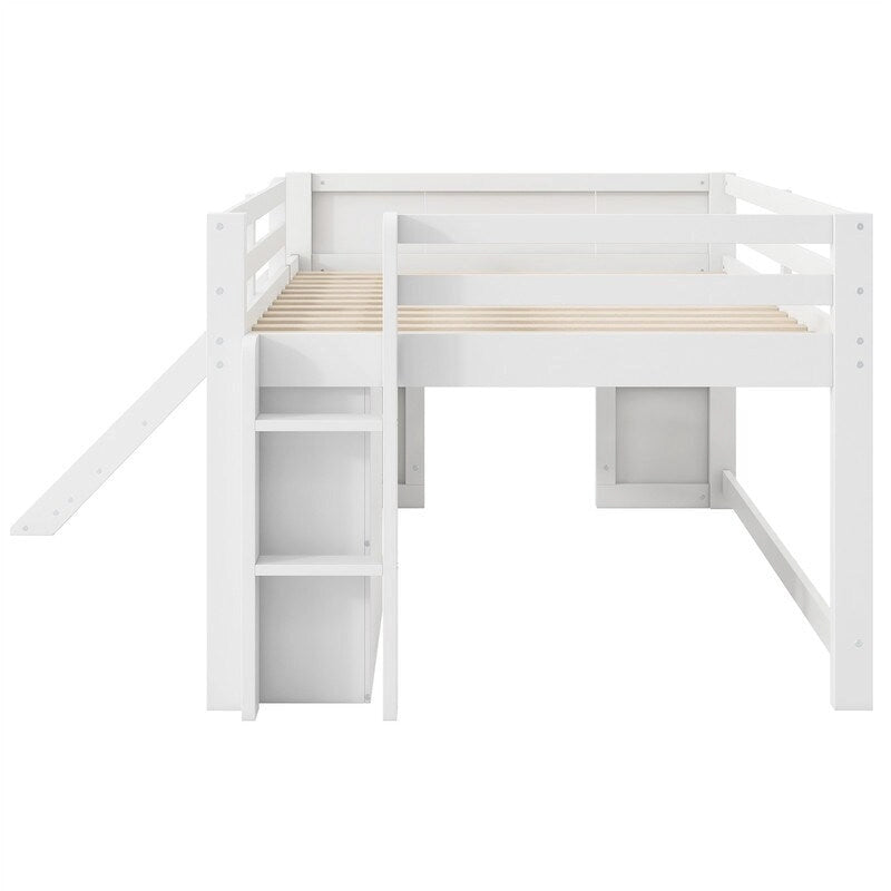 Full Size Low Loft Bed with Slide and 3 Storage Drawers, Solid Wood Loft Bedframe with 2 Doors, Ladder and Guardrails