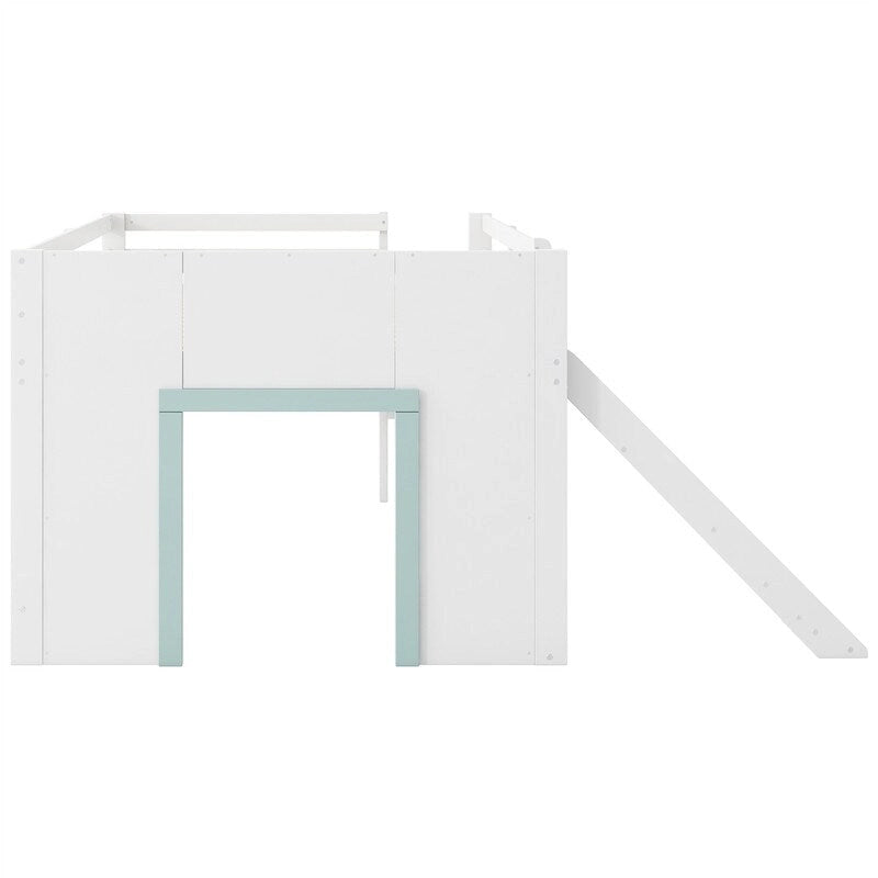 Full Size Low Loft Bed with Slide and 3 Storage Drawers, Solid Wood Loft Bedframe with 2 Doors, Ladder and Guardrails