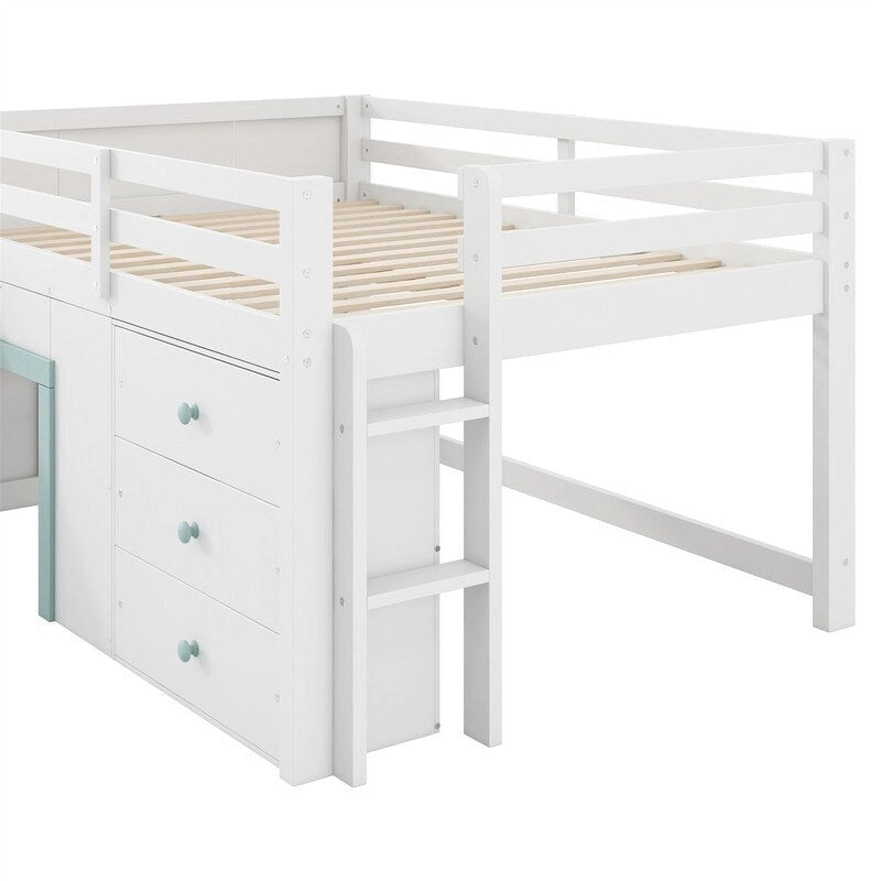 Full Size Low Loft Bed with Slide and 3 Storage Drawers, Solid Wood Loft Bedframe with 2 Doors, Ladder and Guardrails