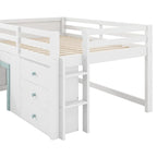 Full Size Low Loft Bed with Slide and 3 Storage Drawers, Solid Wood Loft Bedframe with 2 Doors, Ladder and Guardrails
