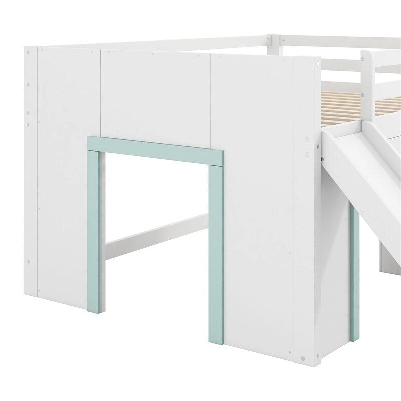 Full Size Low Loft Bed with Slide and 3 Storage Drawers, Solid Wood Loft Bedframe with 2 Doors, Ladder and Guardrails