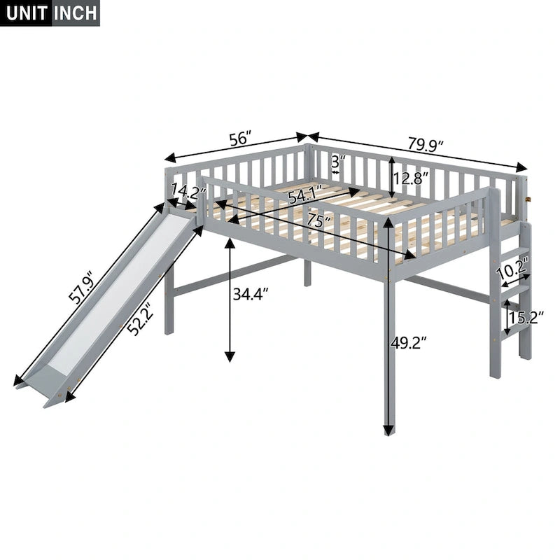 Full Size Low Loft Bed with Ladder and Removable Slide