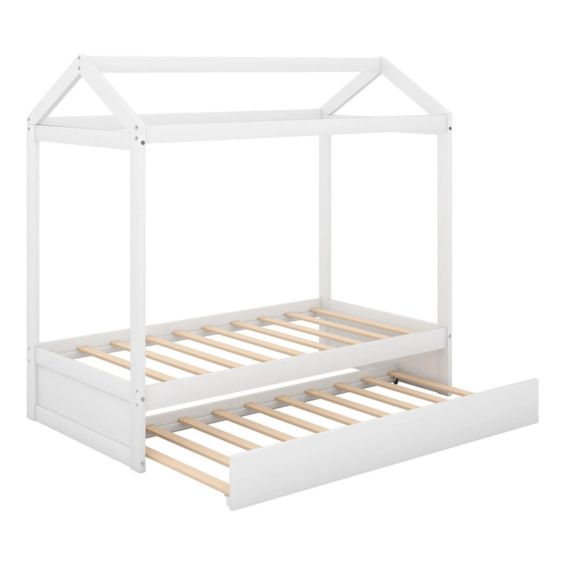 Wooden Twin Size House Bed with Trundle, Pull-Out Trundle