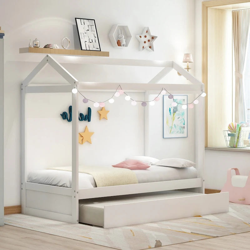Wooden Twin Size House Bed with Trundle, Pull-Out Trundle