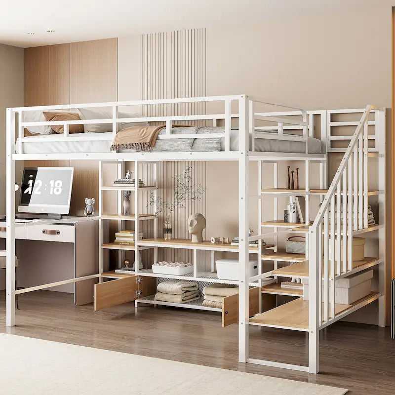 Full Metal Loft Bed with Staircase & Work Table