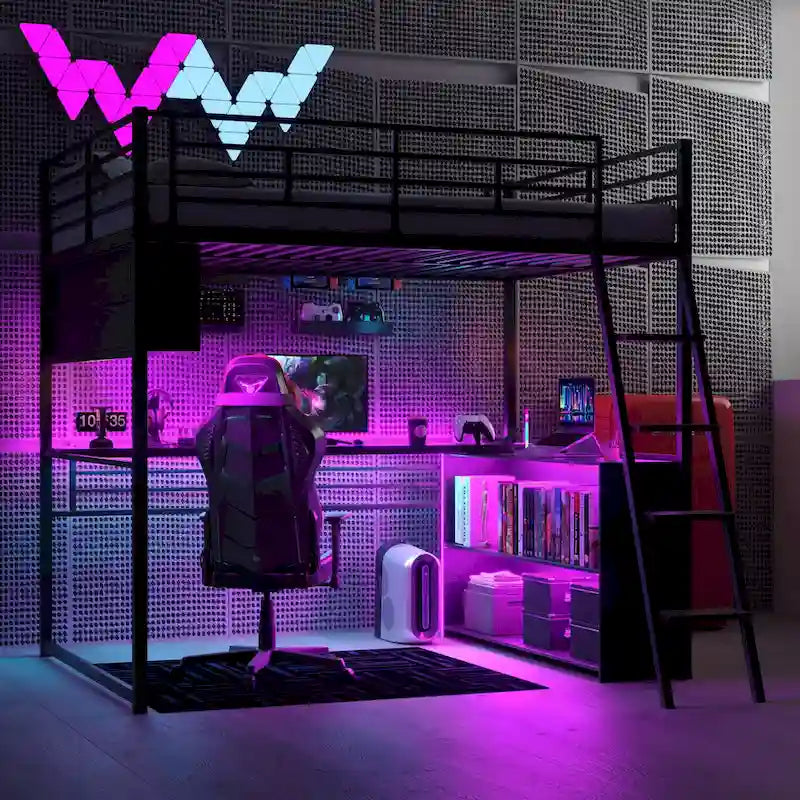 Full Metal Loft Bed with LED Desk & Storage