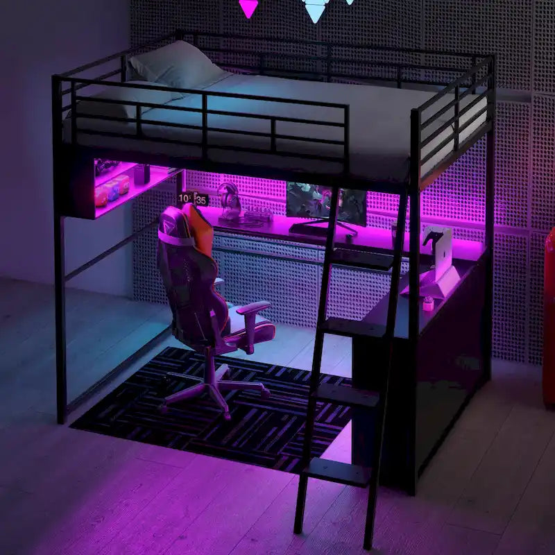 Full Metal Loft Bed with LED Desk & Storage