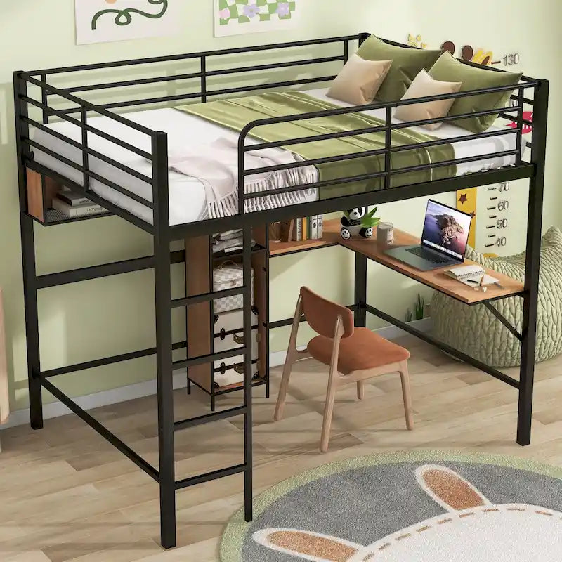 Full Size Metal & Wood Loft Bed with L -Shaped Desk and Shelves