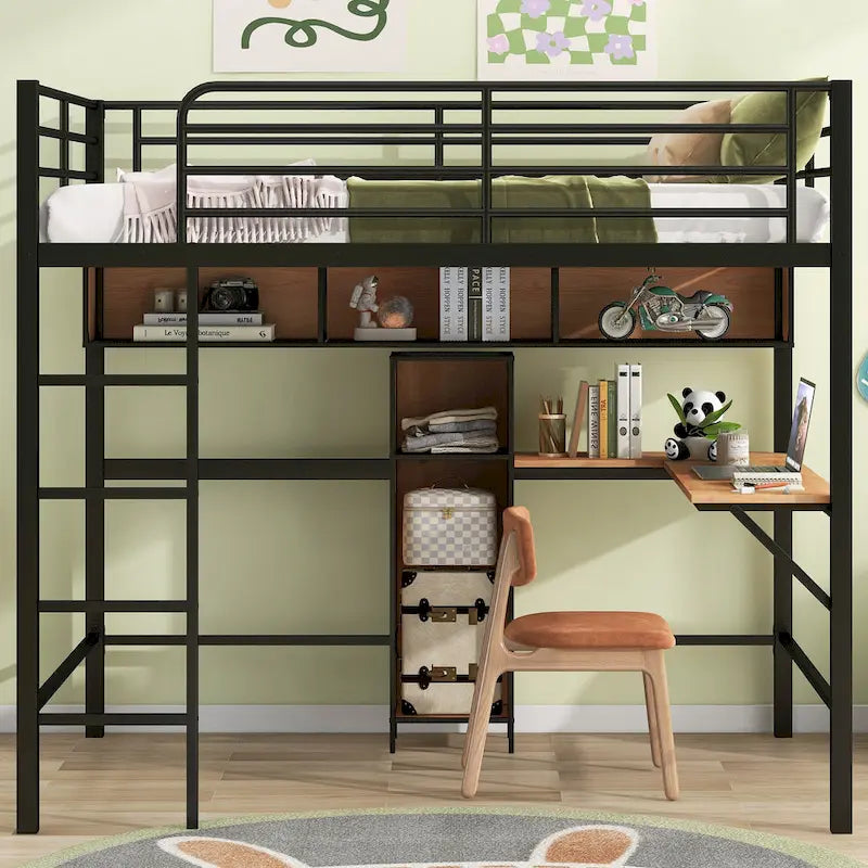 Full Size Metal & Wood Loft Bed with L -Shaped Desk and Shelves