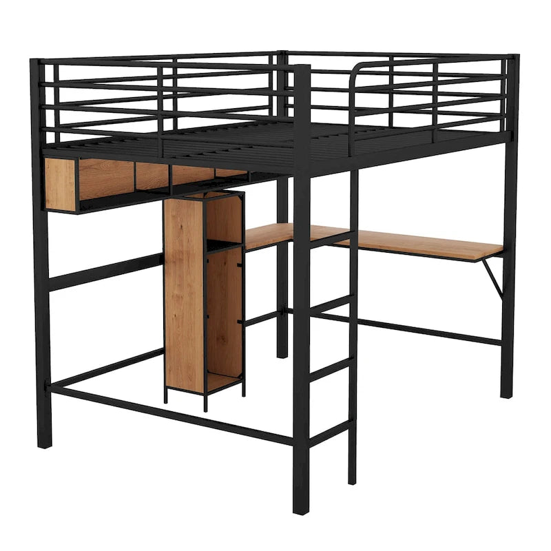 Full Size Metal & Wood Loft Bed with L -Shaped Desk and Shelves