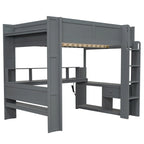 Full Size Loft Bed w/Desk,Multi-storage Shelves,LED,Charging Station