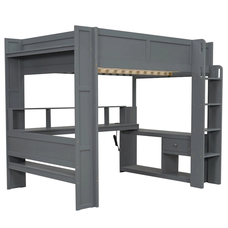 Full Size Loft Bed w/Desk,Multi-storage Shelves,LED,Charging Station
