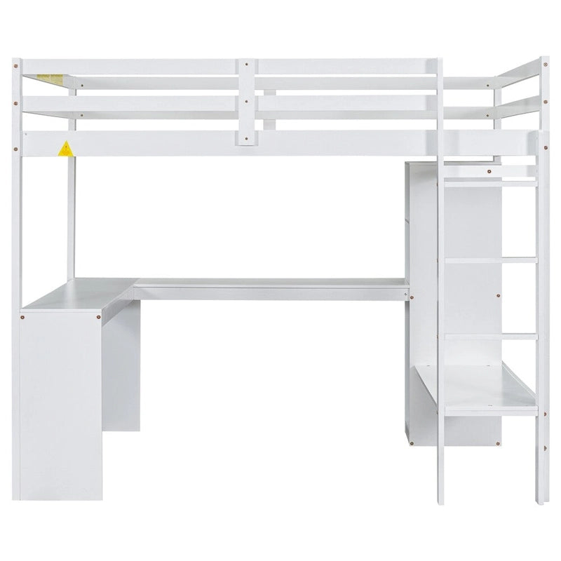 Full Size Loft Bed with L-shaped Desk,Wardrobe and Storage Shelves