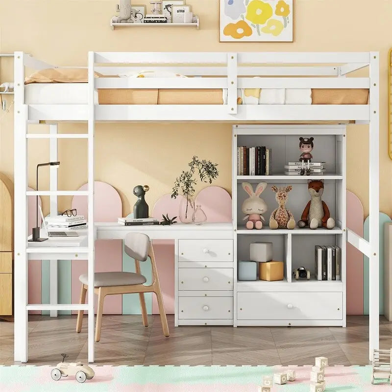Full Size Loft Bed with Bulit-in L-Shaped Desk and 4 Storage Drawers, Wooden Loft Bedframe with Open Storage Shelves