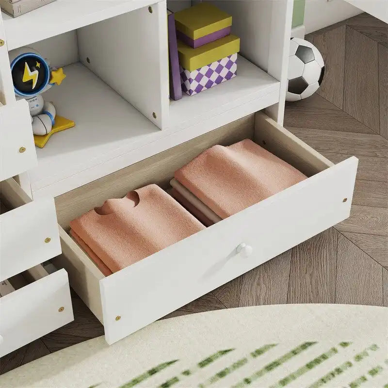 Full Size Loft Bed with Bulit-in L-Shaped Desk and 4 Storage Drawers, Wooden Loft Bedframe with Open Storage Shelves