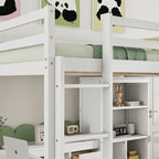 Full Size Loft Bed with Bulit-in L-Shaped Desk and 4 Storage Drawers, Wooden Loft Bedframe with Open Storage Shelves