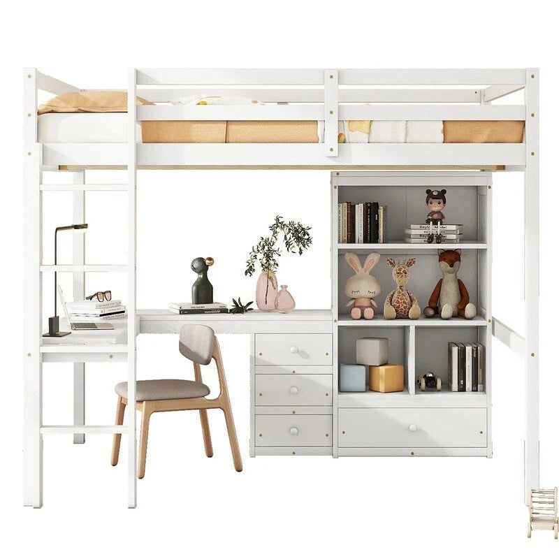 Full Size Loft Bed with Bulit-in L-Shaped Desk and 4 Storage Drawers, Wooden Loft Bedframe with Open Storage Shelves