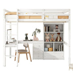 Full Size Loft Bed with Bulit-in L-Shaped Desk and 4 Storage Drawers, Wooden Loft Bedframe with Open Storage Shelves