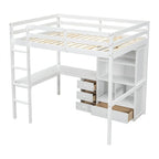 Full Size Loft Bed with Bulit-in L-Shaped Desk and 4 Storage Drawers, Wooden Loft Bedframe with Open Storage Shelves