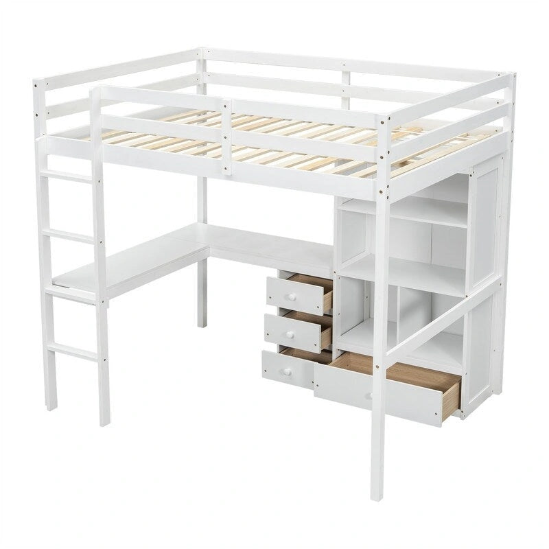 Full Size Loft Bed with Bulit-in L-Shaped Desk and 4 Storage Drawers, Wooden Loft Bedframe with Open Storage Shelves