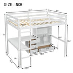 Full Size Loft Bed with Bulit-in L-Shaped Desk and 4 Storage Drawers, Wooden Loft Bedframe with Open Storage Shelves