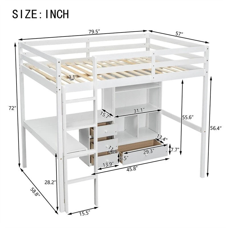 Full Size Loft Bed with Bulit-in L-Shaped Desk and 4 Storage Drawers, Wooden Loft Bedframe with Open Storage Shelves
