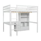 Full Size Loft Bed with Bulit-in L-Shaped Desk and 4 Storage Drawers, Wooden Loft Bedframe with Open Storage Shelves