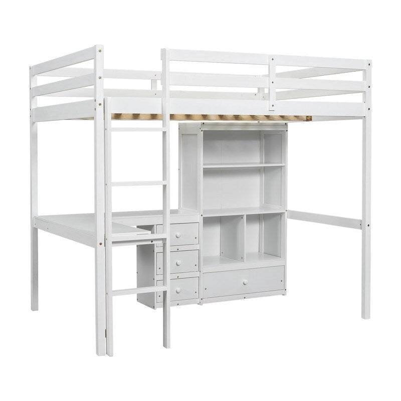Full Size Loft Bed with Bulit-in L-Shaped Desk and 4 Storage Drawers, Wooden Loft Bedframe with Open Storage Shelves