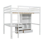 Full Size Loft Bed with Bulit-in L-Shaped Desk and 4 Storage Drawers, Wooden Loft Bedframe with Open Storage Shelves