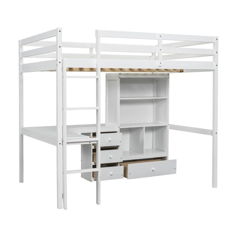 Full Size Loft Bed with Bulit-in L-Shaped Desk and 4 Storage Drawers, Wooden Loft Bedframe with Open Storage Shelves