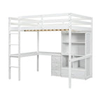 Full Size Loft Bed with Bulit-in L-Shaped Desk and 4 Storage Drawers, Wooden Loft Bedframe with Open Storage Shelves