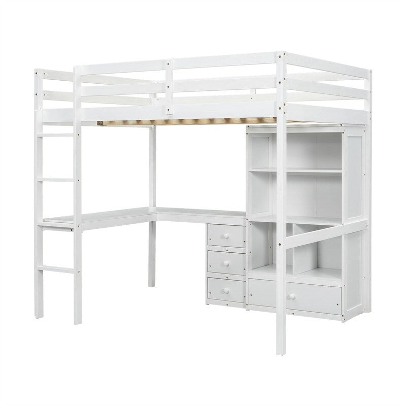 Full Size Loft Bed with Bulit-in L-Shaped Desk and 4 Storage Drawers, Wooden Loft Bedframe with Open Storage Shelves