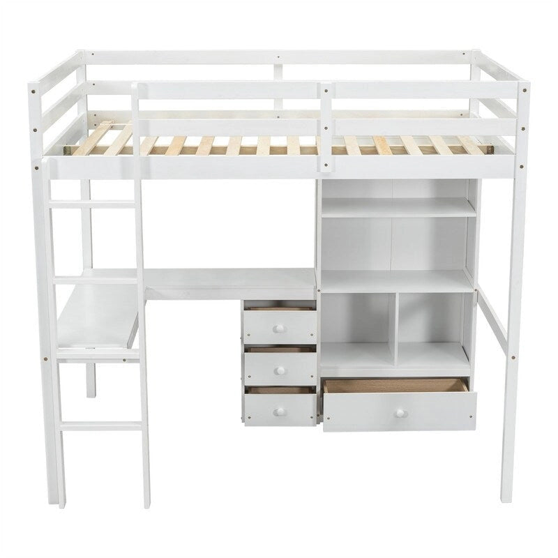 Full Size Loft Bed with Bulit-in L-Shaped Desk and 4 Storage Drawers, Wooden Loft Bedframe with Open Storage Shelves