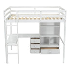 Full Size Loft Bed with Bulit-in L-Shaped Desk and 4 Storage Drawers, Wooden Loft Bedframe with Open Storage Shelves