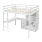 Full Size Loft Bed with Bulit-in L-Shaped Desk and 4 Storage Drawers, Wooden Loft Bedframe with Open Storage Shelves