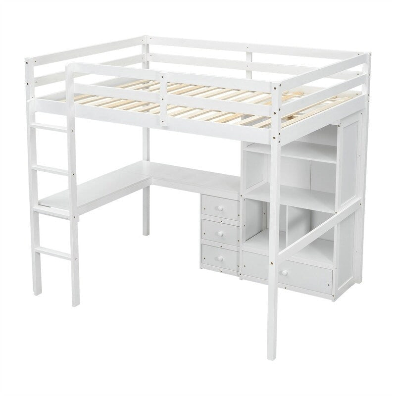 Full Size Loft Bed with Bulit-in L-Shaped Desk and 4 Storage Drawers, Wooden Loft Bedframe with Open Storage Shelves