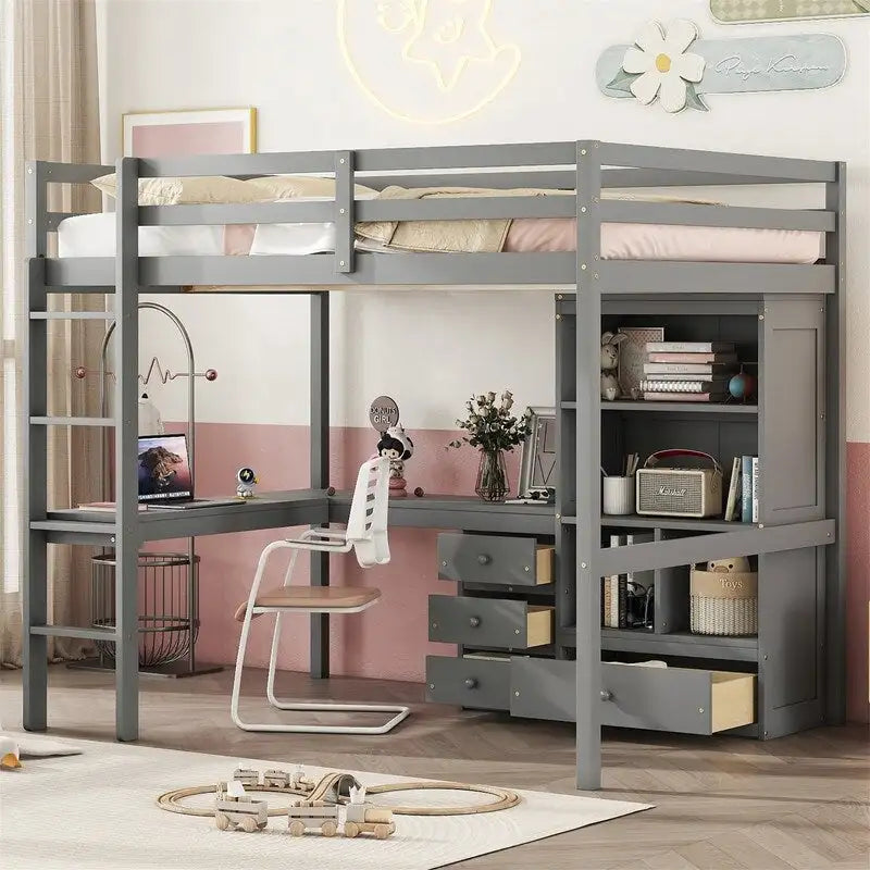 Full Size Loft Bed with Bulit-in L-Shaped Desk and 4 Storage Drawers, Wooden Loft Bedframe with Open Storage Shelves