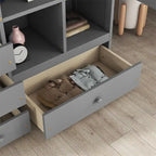 Full Size Loft Bed with Bulit-in L-Shaped Desk and 4 Storage Drawers, Wooden Loft Bedframe with Open Storage Shelves