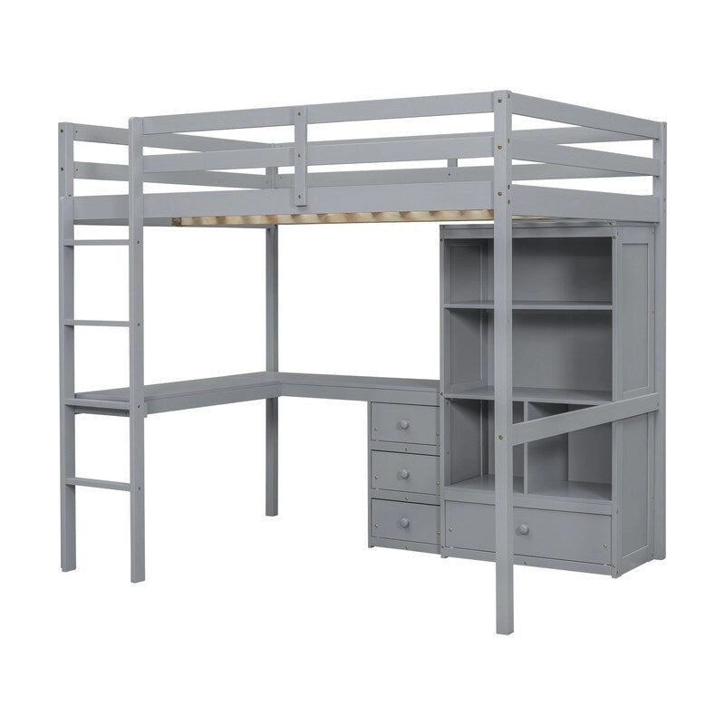 Full Size Loft Bed with Bulit-in L-Shaped Desk and 4 Storage Drawers, Wooden Loft Bedframe with Open Storage Shelves