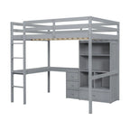 Full Size Loft Bed with Bulit-in L-Shaped Desk and 4 Storage Drawers, Wooden Loft Bedframe with Open Storage Shelves